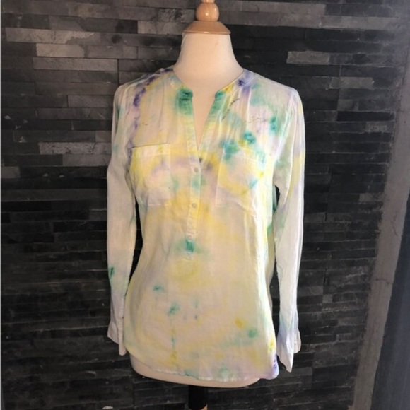 Up-cycled Tie-dye water color effect Med Blouse blue yellow - Picture 4 of 7